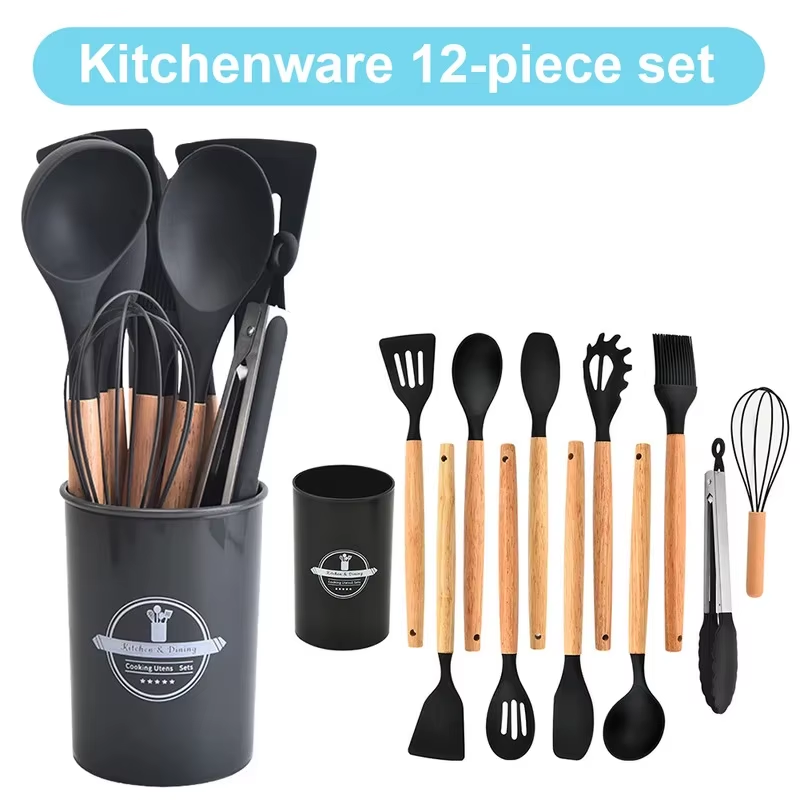 Kitchen Appliances Combo - 12-teiliges Küchenutensilien-Set Silikon-Spatel-Set mit Holzgriff Kochutensilien-Kit